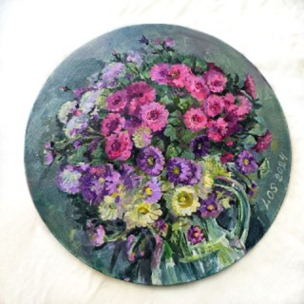 Floral Acrylic Painting Original Round Canvas 16×16 in Flowers Art
